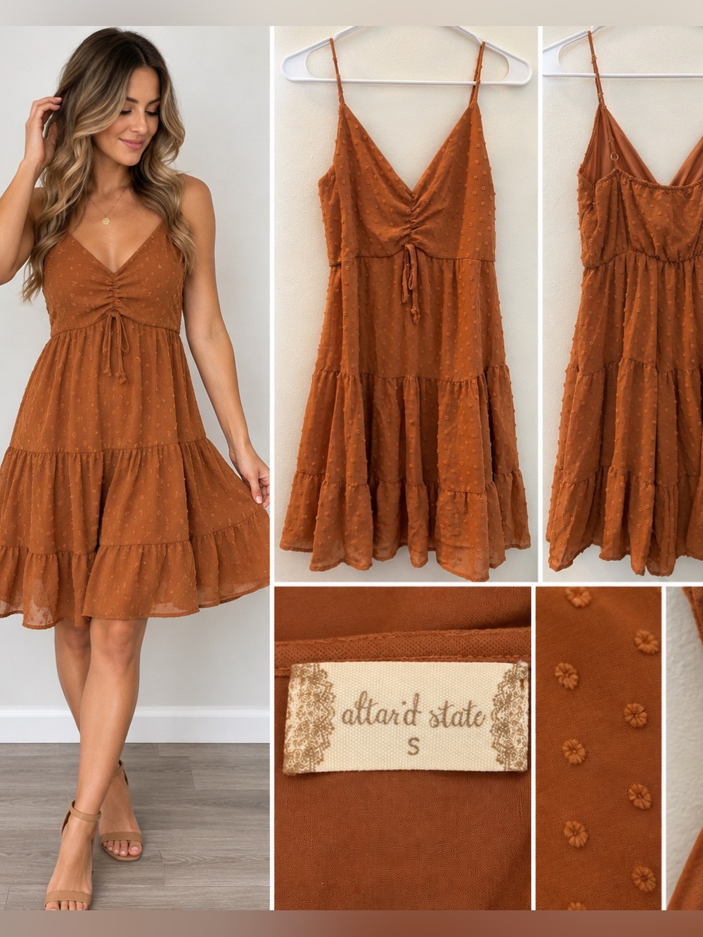 Altar’d State Rust Swiss Dot Tiered Midi Dress Size S